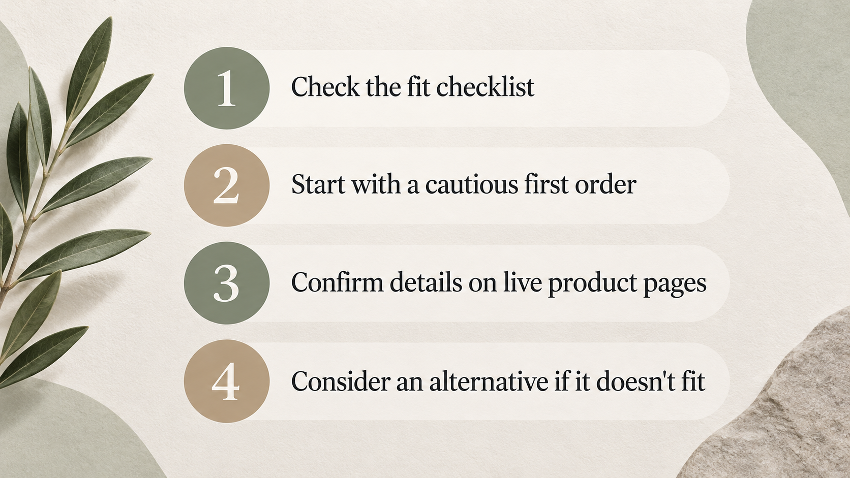 A numbered checklist of the fit checks and cautious first-order steps the closing section states, framed as guidance rather than a verdict