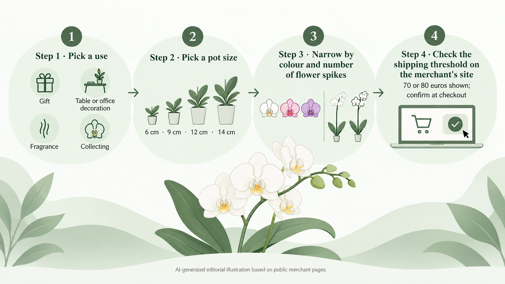 Help readers choose an orchid type and plan their order using the filters, shipping threshold and care tips the merchant publishes