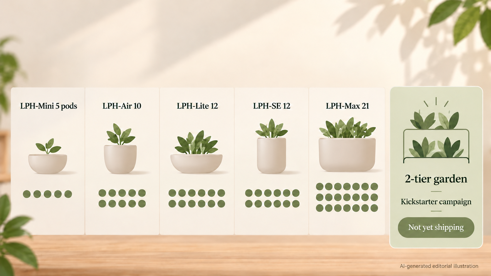 Give a quick visual comparison of the LetPot garden models by pod capacity, with the newer 2-tier garden noted separately