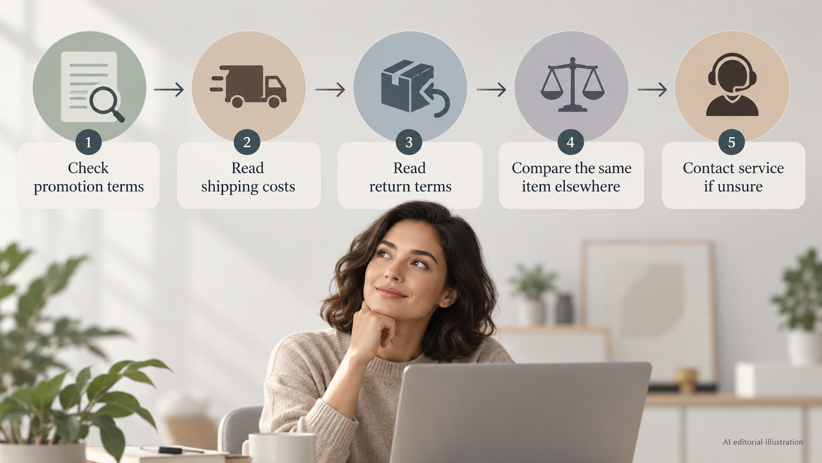 Give readers a quick checklist of what to verify on the site before ordering: promotion conditions, shipping, returns, price comparison, service contact